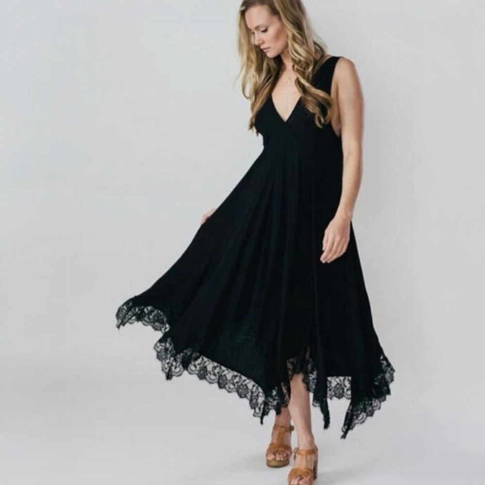 Free People Girl Like You Sleeveless Lace Trim Dress in Black Size M